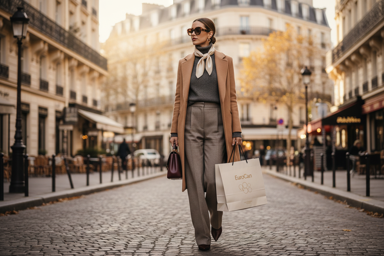 A sophisticated female fashion model walking confidently along a Paris fashion street (Haussmann-style architecture), early autumn atmosphere. She is wearing elegant, contemporary European fashion—tailored outerwear, refined knitwear, premium accessories—styled in a minimalist, luxury aesthetic.

The model is carrying a high-quality shopping bag with the EuroCan logo clearly visible and tastefully printed. The bag design is clean, modern, and understated.

The scene feels editorial and cinematic, with natur
