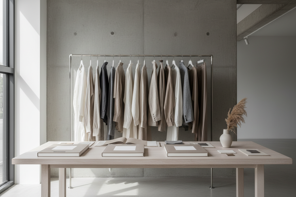 Premium fashion distribution concept image: modern showroom vignette with a curated rack of neutral garments, a clean table with lookbooks and fabric swatches, soft window light, minimal decor, professional and understated, no people, no logos, no text, editorial realism, neutral tones, negative space, high resolution
